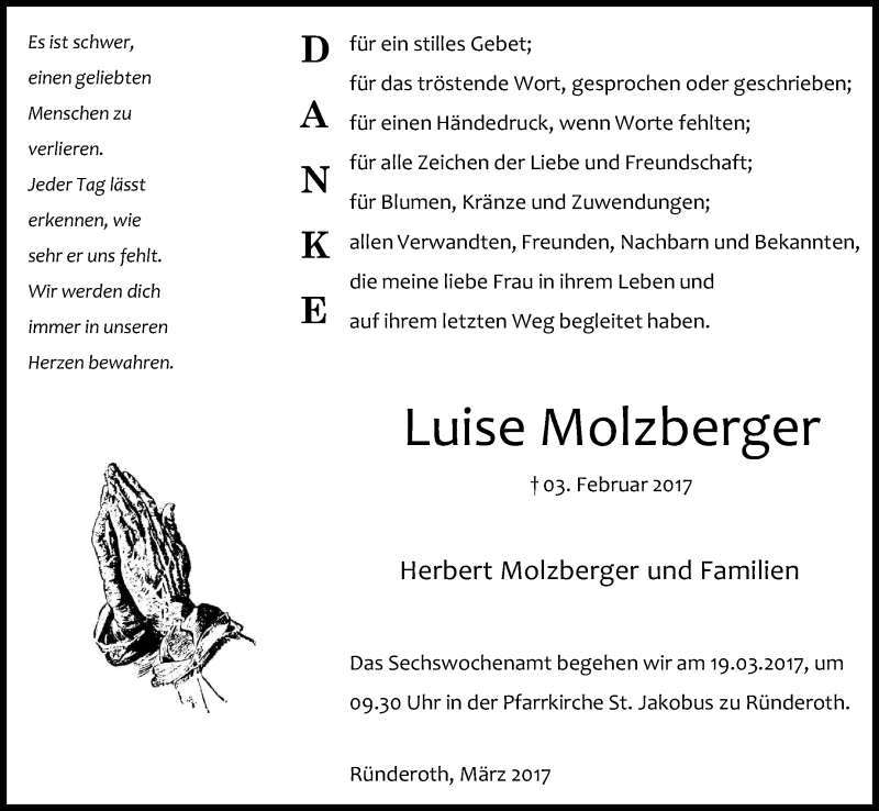  Traueranzeige für Luise Molzberger vom 10.03.2017 aus Kölner Stadt-Anzeiger / Kölnische Rundschau / Express