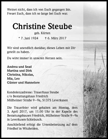 Anzeige von Christine Steube von Kölner Stadt-Anzeiger / Kölnische Rundschau / Express