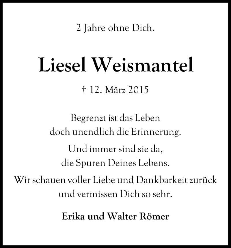  Traueranzeige für Liesel Weismantel vom 11.03.2017 aus Kölner Stadt-Anzeiger / Kölnische Rundschau / Express