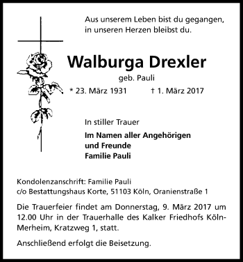 Anzeige von Walburga Drexler von Kölner Stadt-Anzeiger / Kölnische Rundschau / Express
