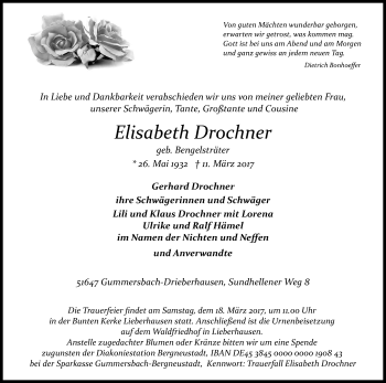 Anzeige von Elisabeth Drochner von Kölner Stadt-Anzeiger / Kölnische Rundschau / Express