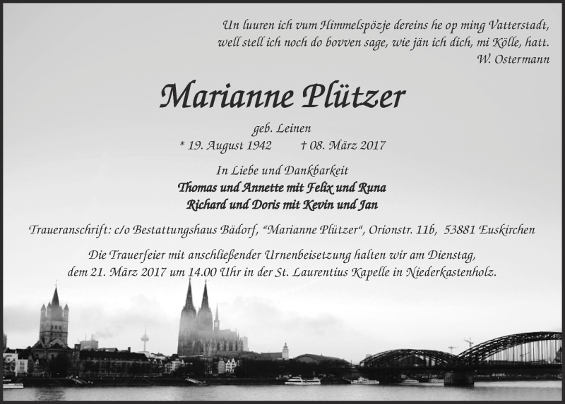  Traueranzeige für Marianne Plützer vom 18.03.2017 aus  Blickpunkt Euskirchen 
