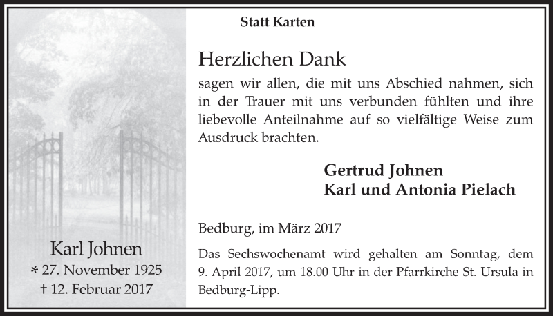  Traueranzeige für Karl Johnen vom 29.03.2017 aus  Werbepost 