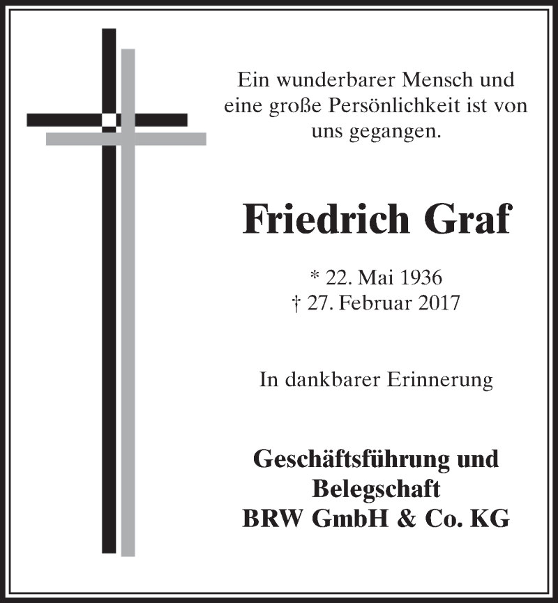  Traueranzeige für Friedrich Graf vom 08.03.2017 aus  Schlossbote/Werbekurier 