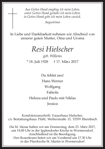Anzeige von Resi Hielscher von  Schaufenster/Blickpunkt 