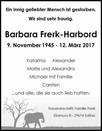 Anzeige von Barbara Frerk-Harbord von Kölner Stadt-Anzeiger / Kölnische Rundschau / Express