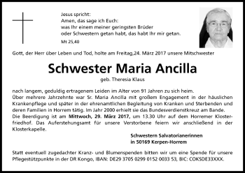 Anzeige von Theresia Klaus von Kölner Stadt-Anzeiger / Kölnische Rundschau / Express