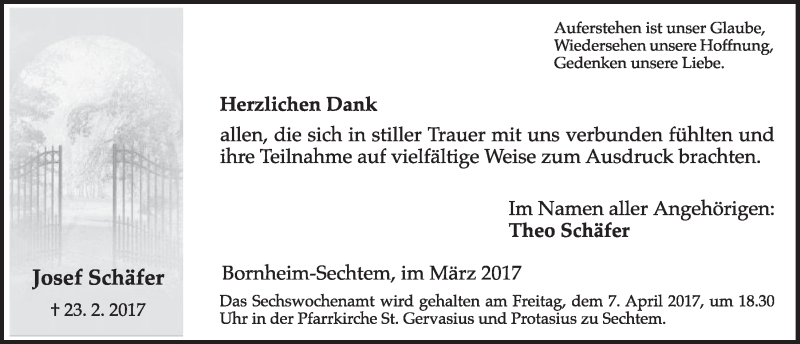  Traueranzeige für Josef Schäfer vom 29.03.2017 aus  Schlossbote/Werbekurier 