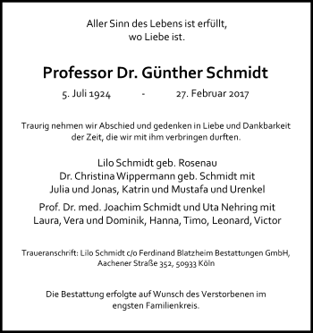 Anzeige von Günther Schmidt von Kölner Stadt-Anzeiger / Kölnische Rundschau / Express