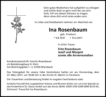 Anzeige von Ina Rosenbaum von Kölner Stadt-Anzeiger / Kölnische Rundschau / Express