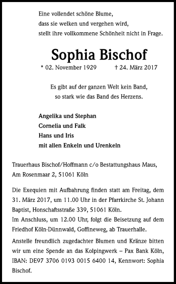 Anzeige von Sophia Bischof von Kölner Stadt-Anzeiger / Kölnische Rundschau / Express