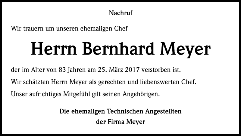  Traueranzeige für Bernhard Meyer vom 31.03.2017 aus Kölner Stadt-Anzeiger / Kölnische Rundschau / Express