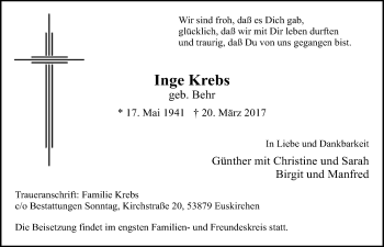 Anzeige von Inge Krebs von  Blickpunkt Euskirchen 