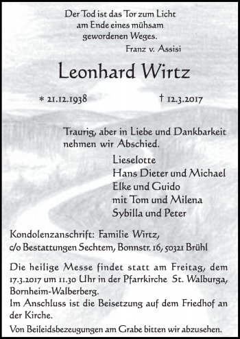 Anzeige von Leonhard Wirtz von  Schlossbote/Werbekurier 