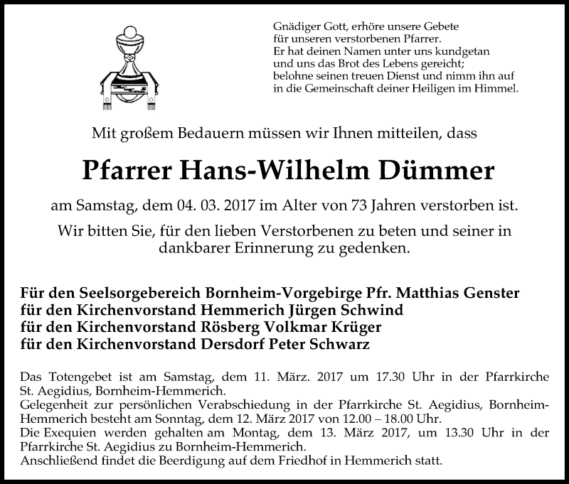  Traueranzeige für Hans-Wilhelm Dümmer vom 09.03.2017 aus Kölner Stadt-Anzeiger / Kölnische Rundschau / Express