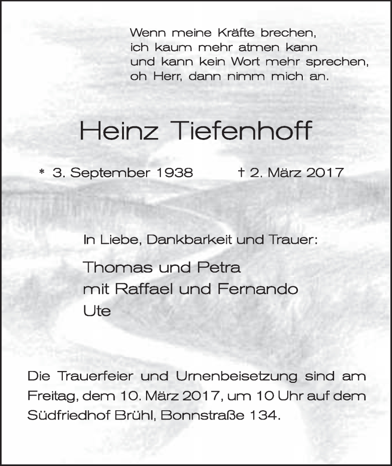  Traueranzeige für Heinz Tiefenhoff vom 08.03.2017 aus  Schlossbote/Werbekurier 