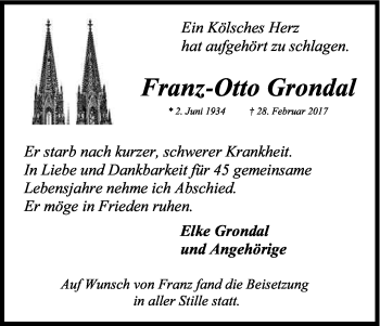 Anzeige von Franz-Otto Grondal von Kölner Stadt-Anzeiger / Kölnische Rundschau / Express