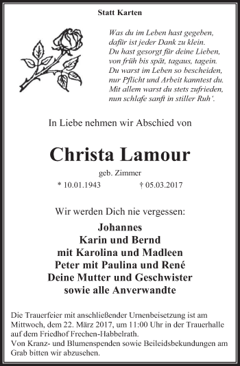 Anzeige von Christa Lamour von  Wochenende 