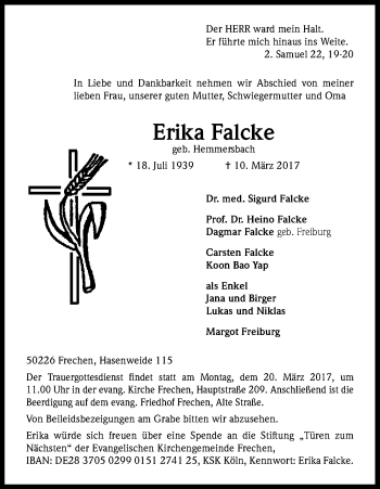 Anzeige von Erika Falcke von Kölner Stadt-Anzeiger / Kölnische Rundschau / Express