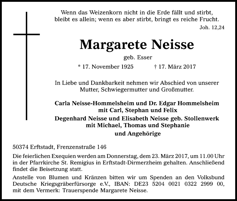  Traueranzeige für Margarete Neisse vom 21.03.2017 aus Kölner Stadt-Anzeiger / Kölnische Rundschau / Express