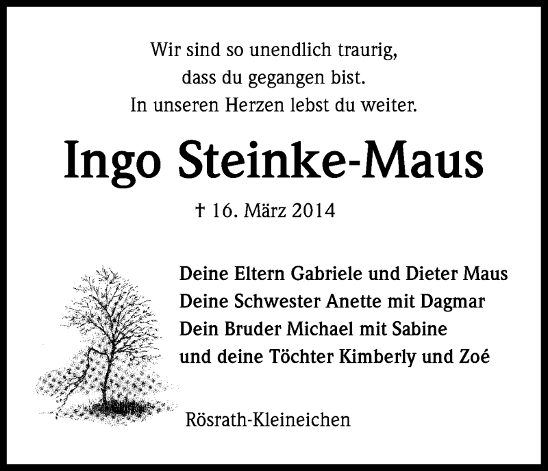  Traueranzeige für Ingo Steinke-Maus vom 18.03.2017 aus Kölner Stadt-Anzeiger / Kölnische Rundschau / Express