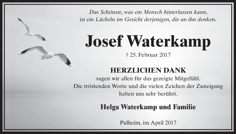  Traueranzeige für Josef Waterkamp vom 01.04.2017 aus  Sonntags-Post 