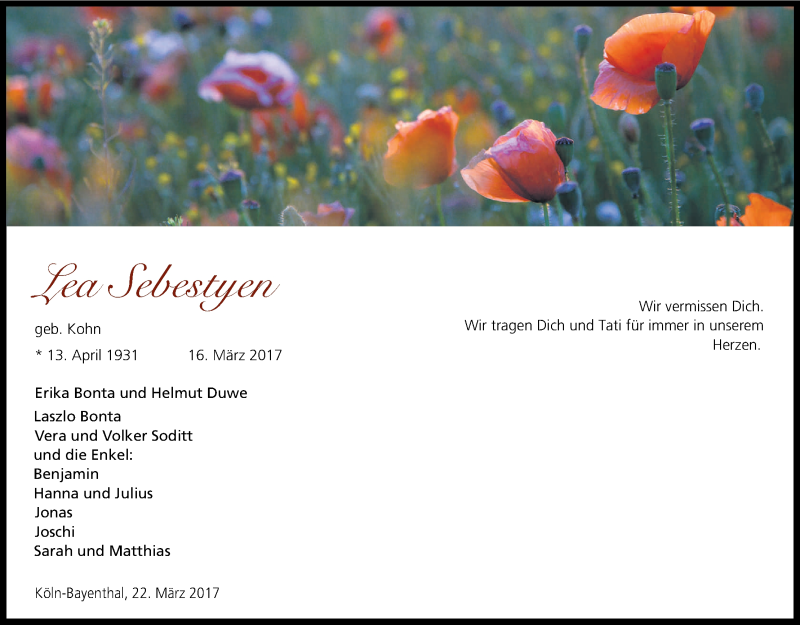  Traueranzeige für Lea Sebestyen vom 22.03.2017 aus Kölner Stadt-Anzeiger / Kölnische Rundschau / Express