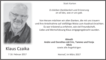 Anzeige von Klaus Czaika von  Extra Blatt 
