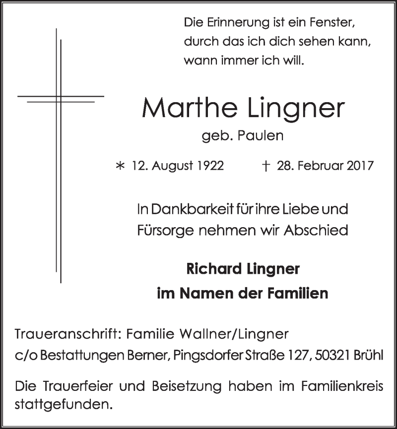 Traueranzeige für Marthe Lingner vom 15.03.2017 aus  Schlossbote/Werbekurier 
