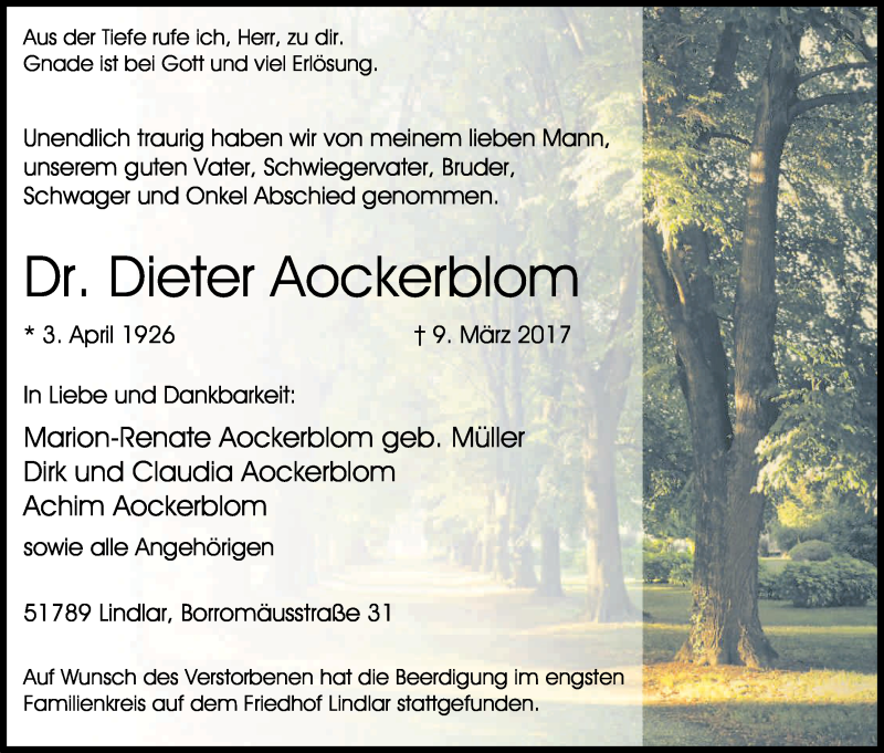  Traueranzeige für Dieter Aockerblom vom 18.03.2017 aus Kölner Stadt-Anzeiger / Kölnische Rundschau / Express