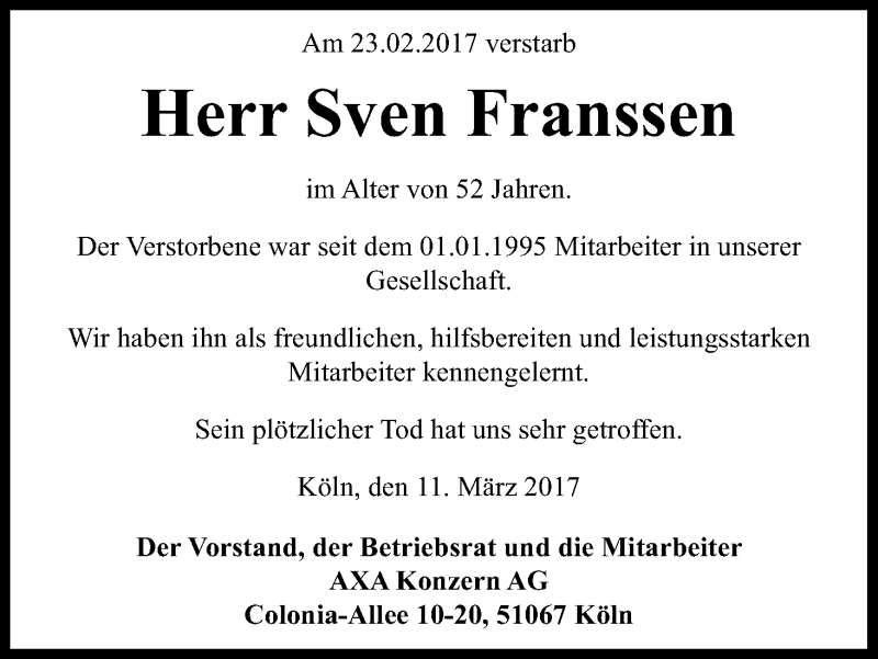 Traueranzeige für Sven Franssen vom 11.03.2017 aus Kölner Stadt-Anzeiger / Kölnische Rundschau / Express