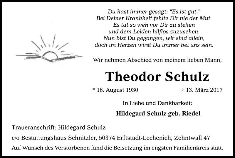  Traueranzeige für Theodor Schulz vom 29.03.2017 aus Kölner Stadt-Anzeiger / Kölnische Rundschau / Express