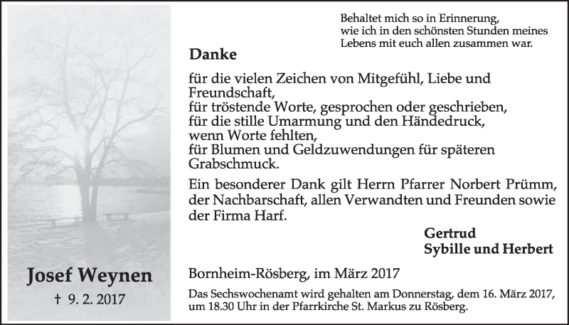  Traueranzeige für Josef Weynen vom 08.03.2017 aus  Schlossbote/Werbekurier 