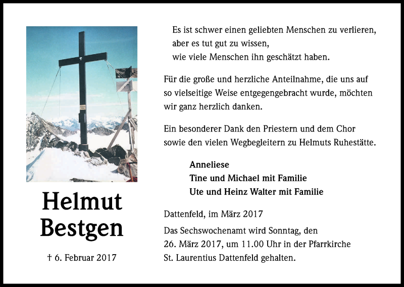  Traueranzeige für Helmut Bestgen vom 11.03.2017 aus Kölner Stadt-Anzeiger / Kölnische Rundschau / Express