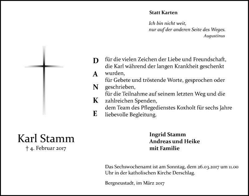  Traueranzeige für Karl Stamm vom 22.03.2017 aus  Anzeigen Echo 