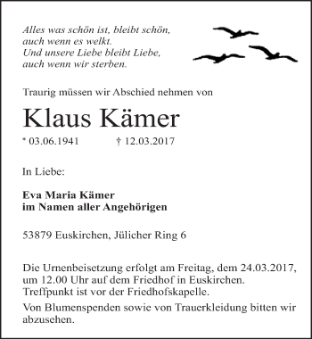 Anzeige von Klaus Kämer von  Blickpunkt Euskirchen 
