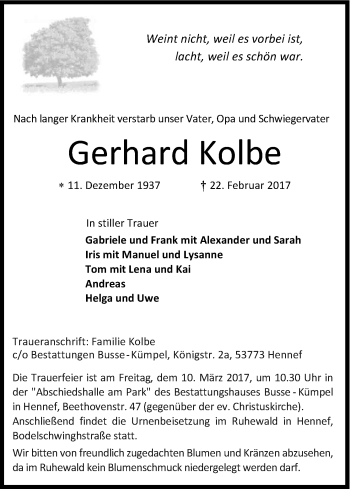 Anzeige von Gerhard Kolbe von Kölner Stadt-Anzeiger / Kölnische Rundschau / Express