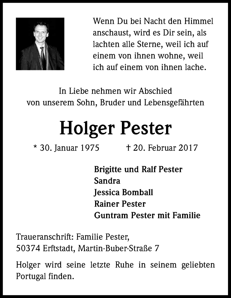  Traueranzeige für Holger Pester vom 11.03.2017 aus Kölner Stadt-Anzeiger / Kölnische Rundschau / Express
