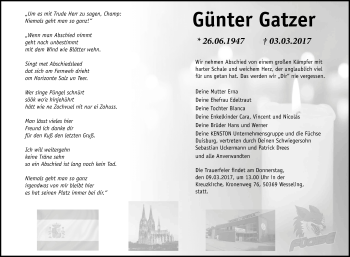 Anzeige von Günter Gatzer von Kölner Stadt-Anzeiger / Kölnische Rundschau / Express