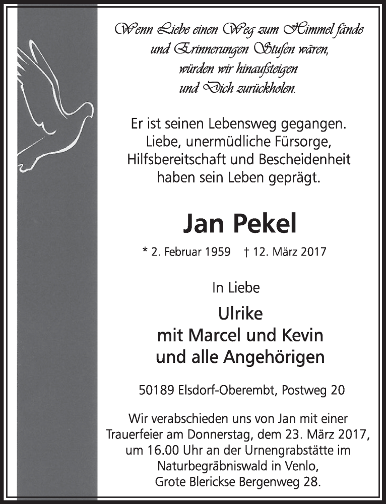  Traueranzeige für Jan Pekel vom 18.03.2017 aus  Sonntags-Post 