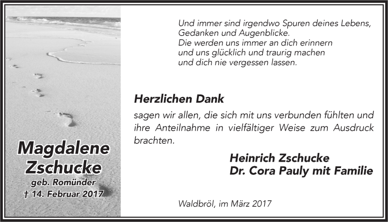  Traueranzeige für Magdalene Zschucke vom 08.03.2017 aus  Lokalanzeiger 