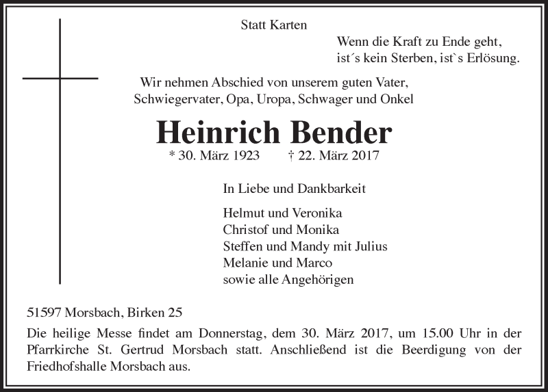  Traueranzeige für Heinrich Bender vom 29.03.2017 aus  Lokalanzeiger 