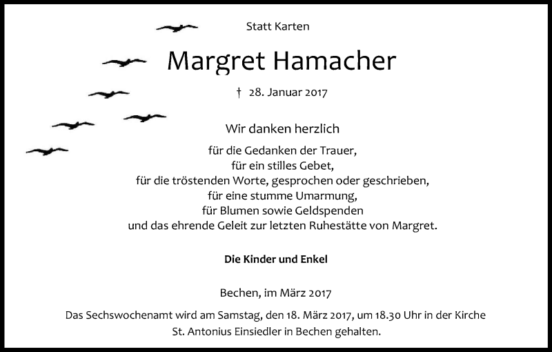  Traueranzeige für Margret Hamacher vom 11.03.2017 aus Kölner Stadt-Anzeiger / Kölnische Rundschau / Express