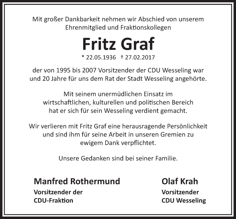  Traueranzeige für Fritz Graf vom 08.03.2017 aus  Schlossbote/Werbekurier 
