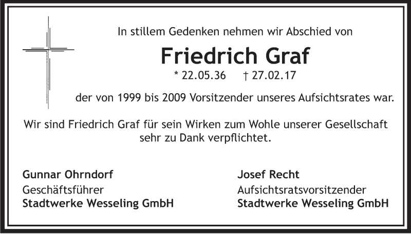  Traueranzeige für Friedrich Graf vom 08.03.2017 aus  Schlossbote/Werbekurier 