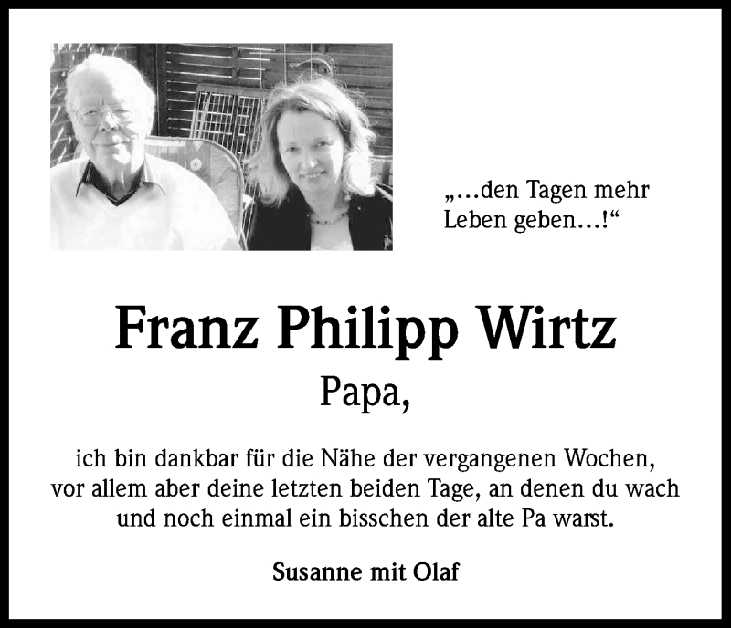  Traueranzeige für Franz Philipp Wirtz vom 11.03.2017 aus Kölner Stadt-Anzeiger / Kölnische Rundschau / Express