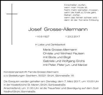 Anzeige von Josef Grosse-Allermann von Kölner Stadt-Anzeiger / Kölnische Rundschau / Express