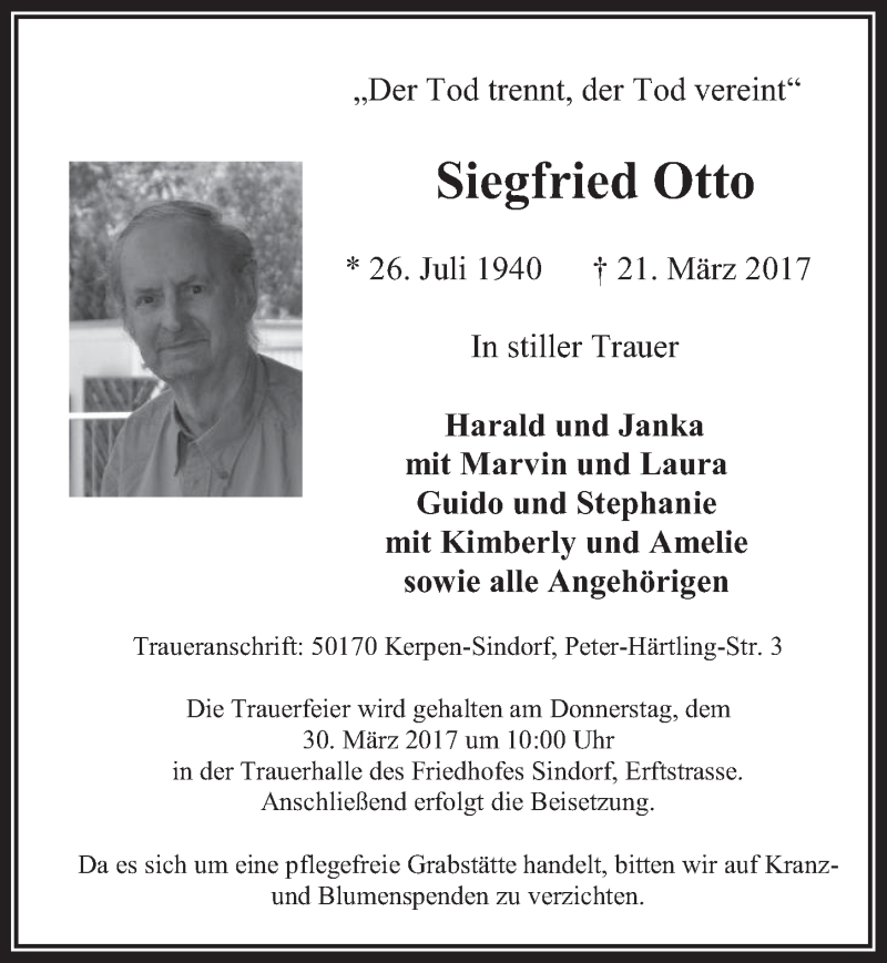  Traueranzeige für Siegfried Otto vom 29.03.2017 aus  Werbepost 