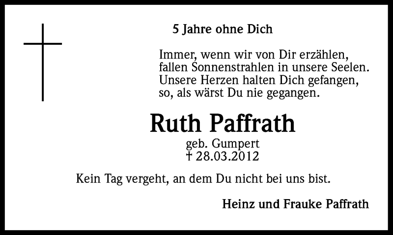  Traueranzeige für Ruth Paffrath vom 28.03.2017 aus Kölner Stadt-Anzeiger / Kölnische Rundschau / Express