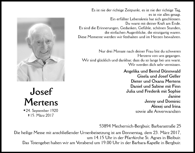  Traueranzeige für Josef Mertens vom 18.03.2017 aus  Blickpunkt Euskirchen 